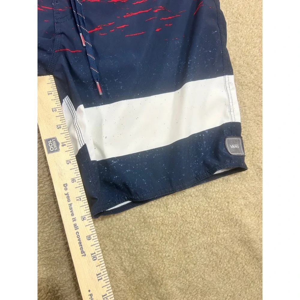Vans Mens Board Shorts Sz 34 Navy‎ Red White Stripe Print Swim Surf